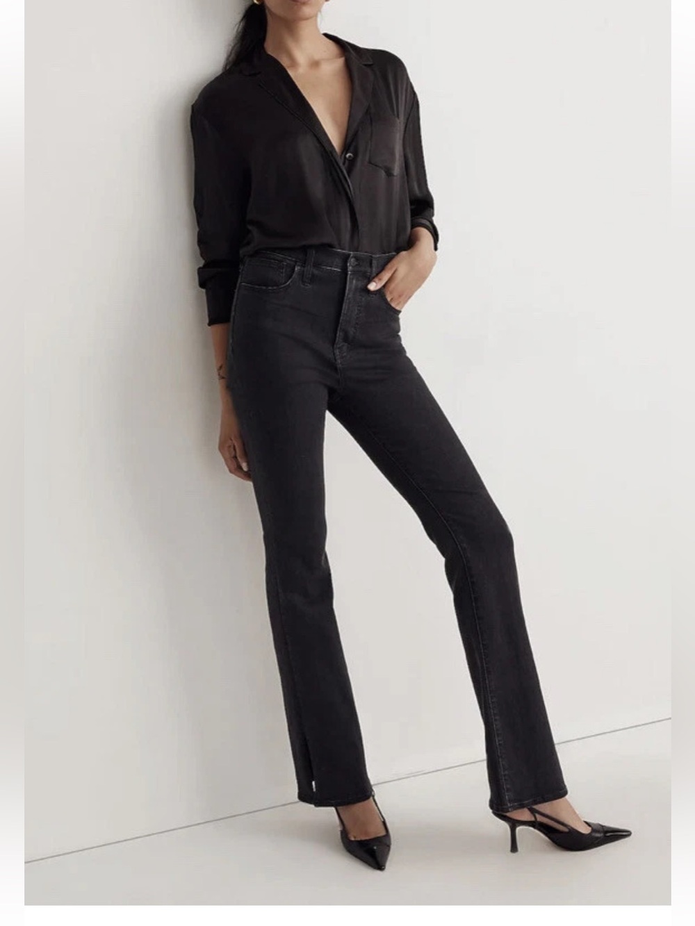 Madewell Roadtripper Skinny Flare Jeans Black Bellhaven Wash Slit Hem Edition 30